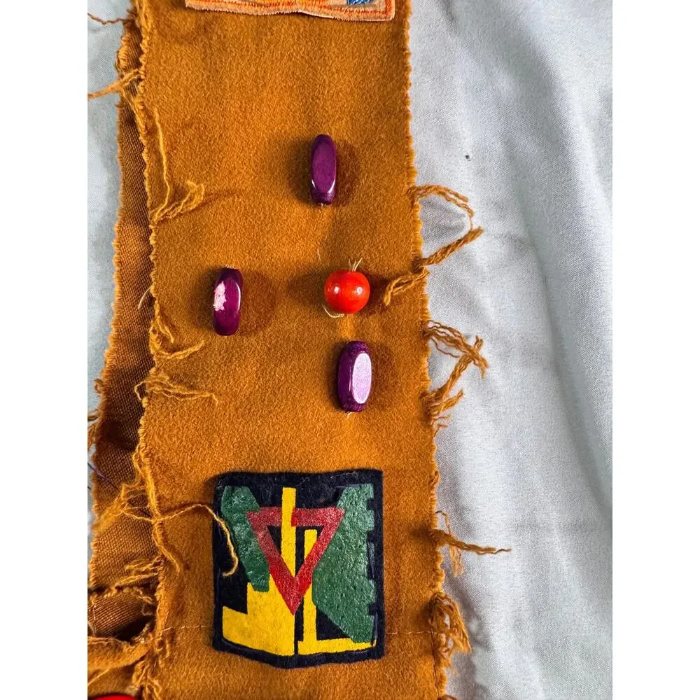 Vintage Handmade Fringed Beaded Vest Folk Art Camp Costume Embroidered Patches